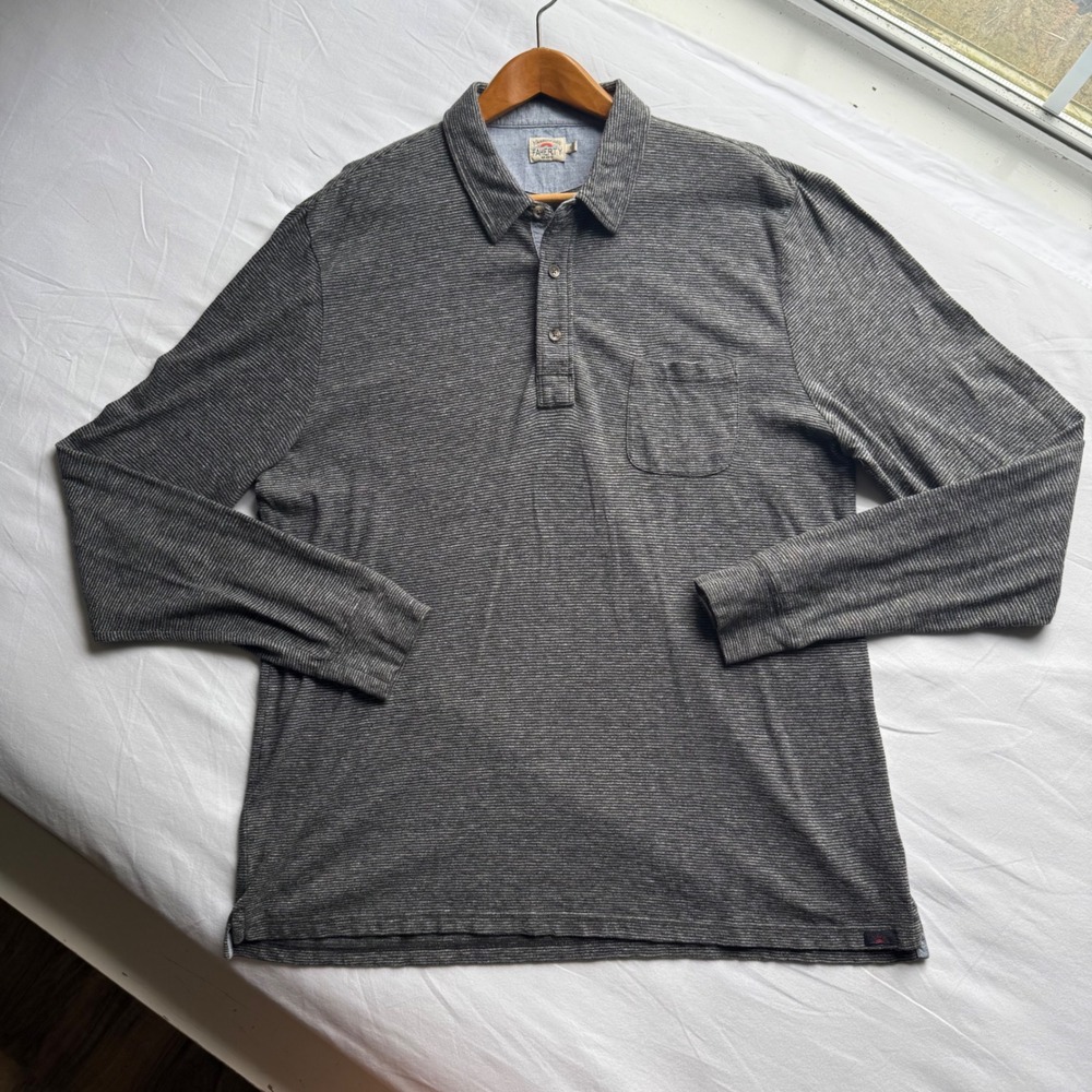 Faherty Brand Mens XL Long Sleeve Polo Shirt Grey Micro Stripe Organic Cotton